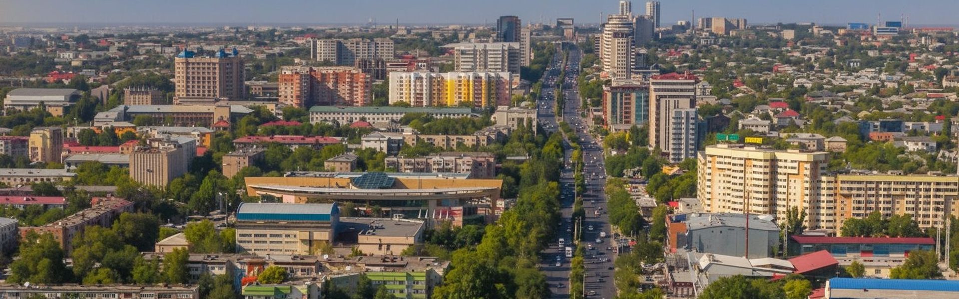 Шымкент с высоты — широкая улица проспекта Тауке хана, кварталы домов и зелёные дворы под летним небом